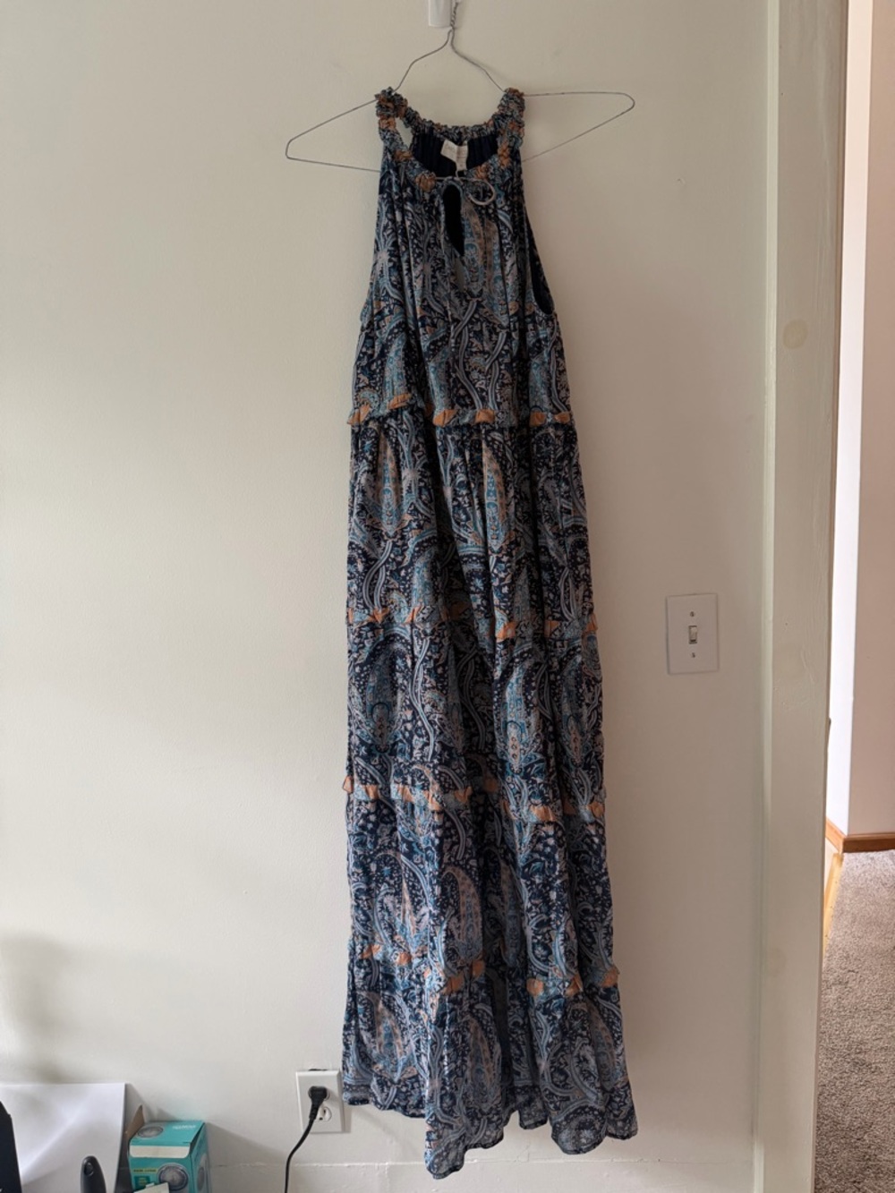 NWT Caroline Constas Blue and Orange Paisley Tie Neck Maxi Dress Size Small